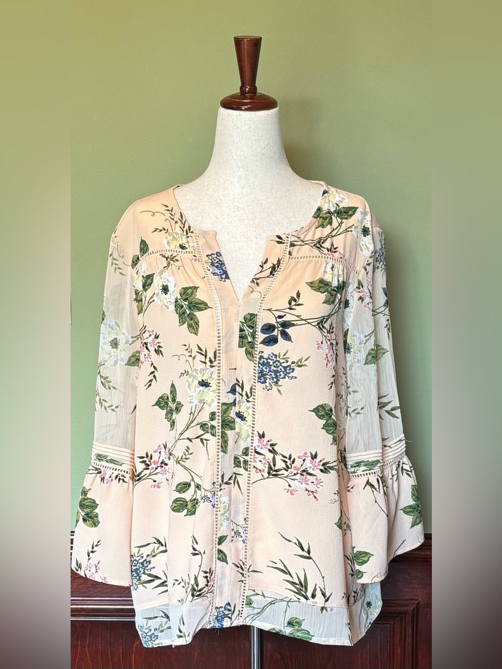 Fever Floral Peasant Blouse in Blush Pink and Green